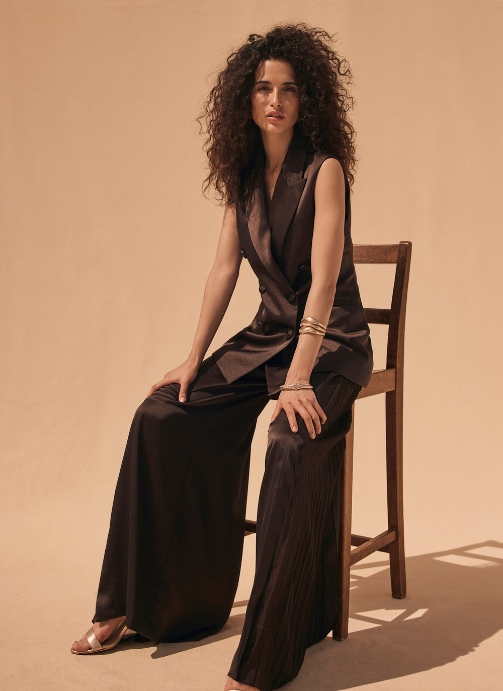 Brown Satin Side Pleat Wide Trousers