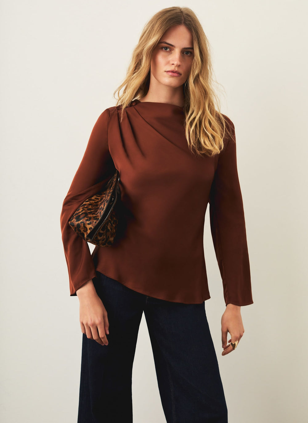 Brown Satin Drape Top