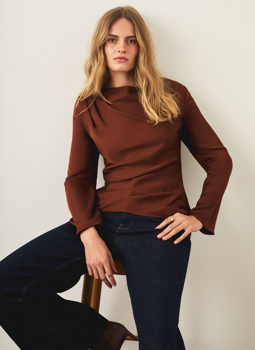 Brown Satin Drape Top