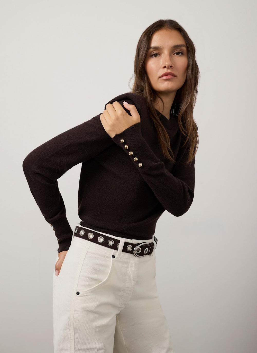 Brown Cotton Blend Shoulder Detail Top