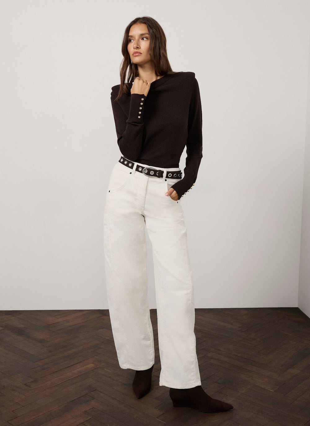 Brown Cotton Blend Shoulder Detail Top