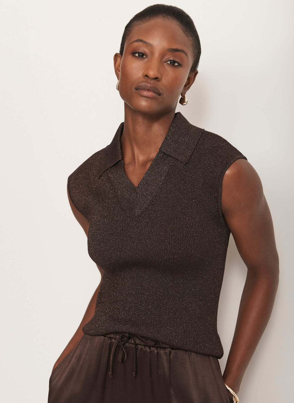 Brown Metallic Sleeveless Knit Top