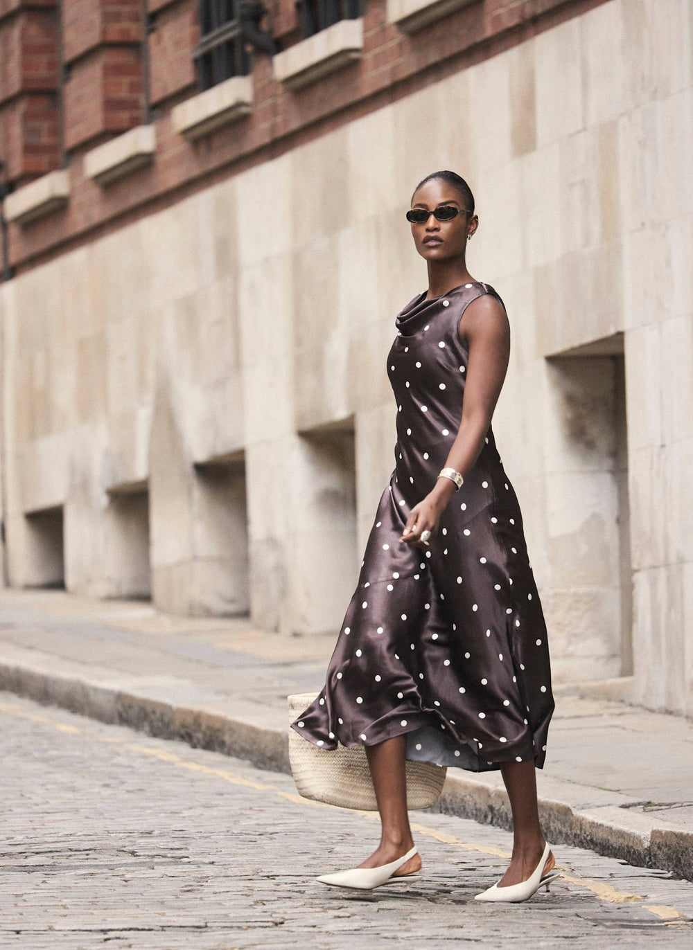 Brown Satin Polkadot Midi Dress