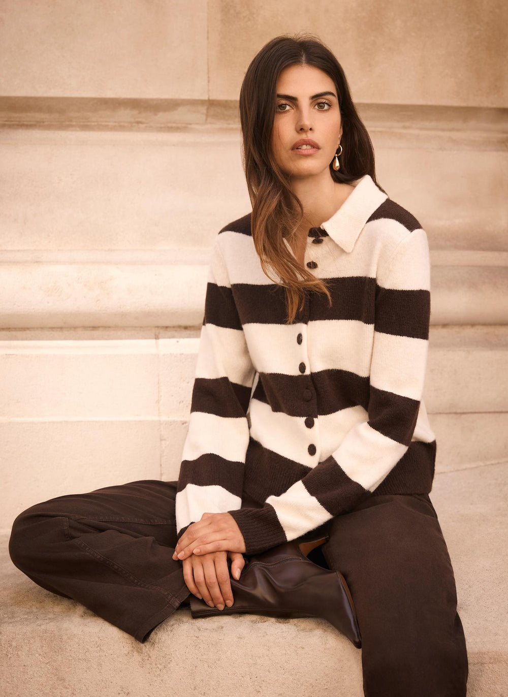 Brown Striped Knit Cardigan