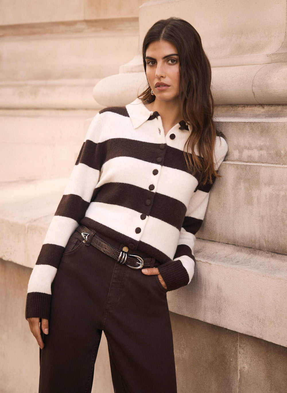 Brown Striped Knit Cardigan