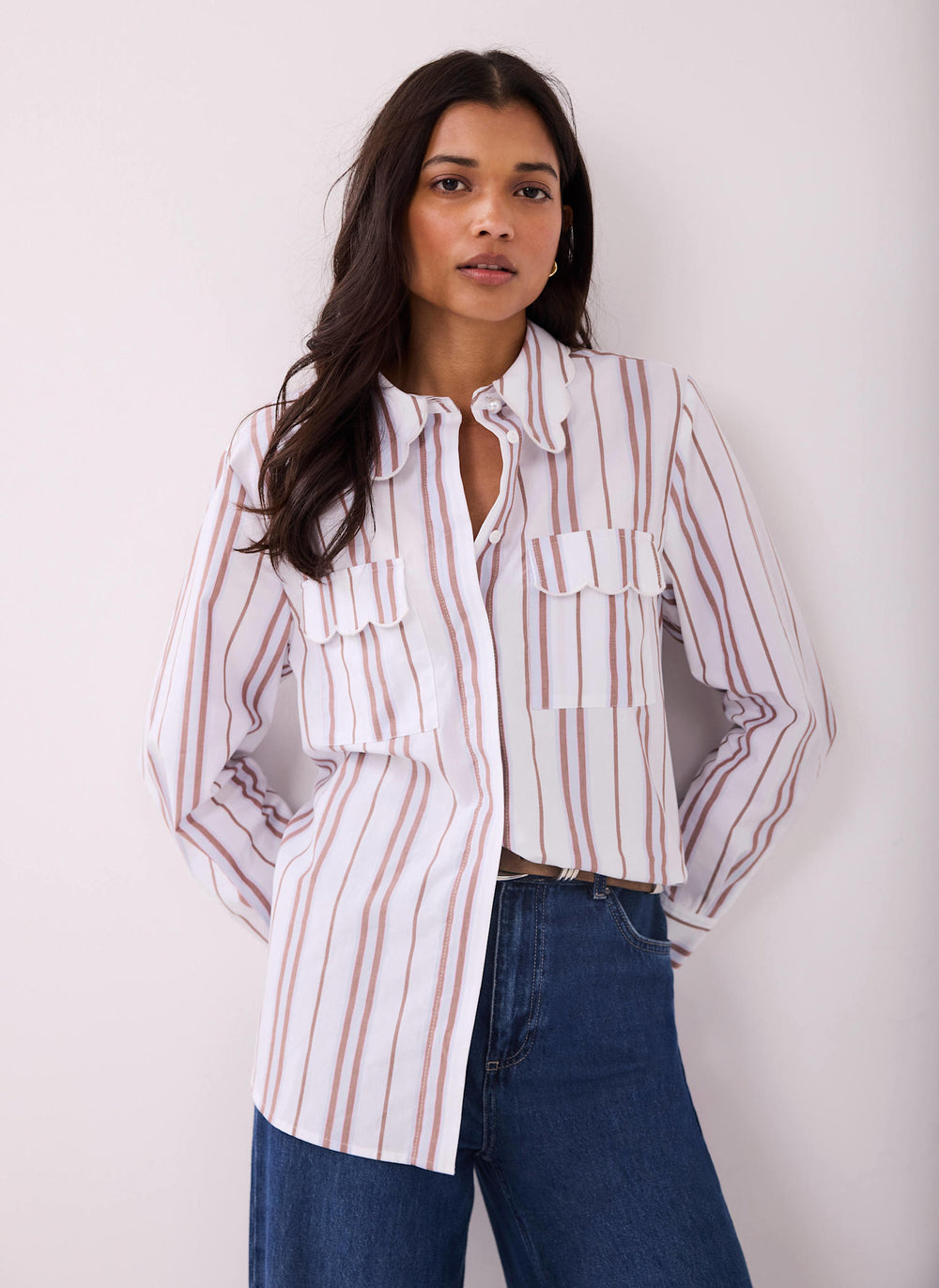 Brown Striped Cotton Scallop Detail Shirt