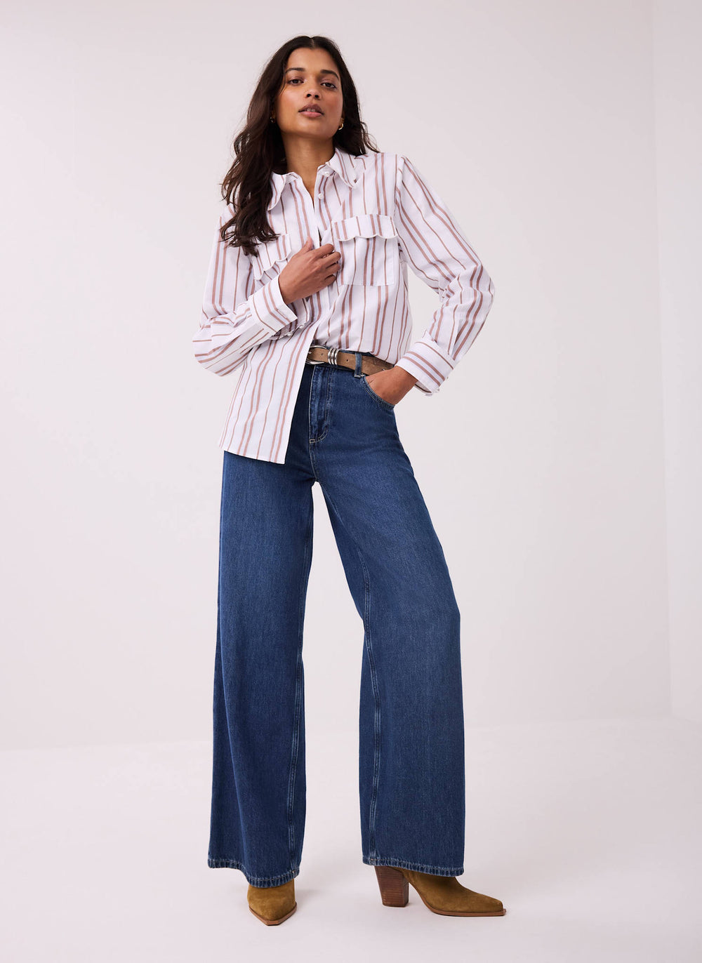 Brown Striped Cotton Scallop Detail Shirt