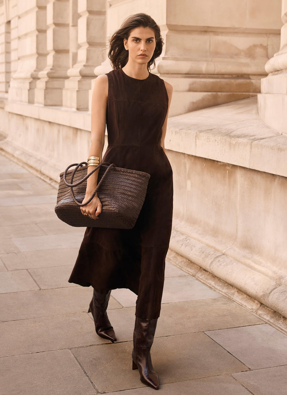 Brown Suede Sleeveless Midi Dress