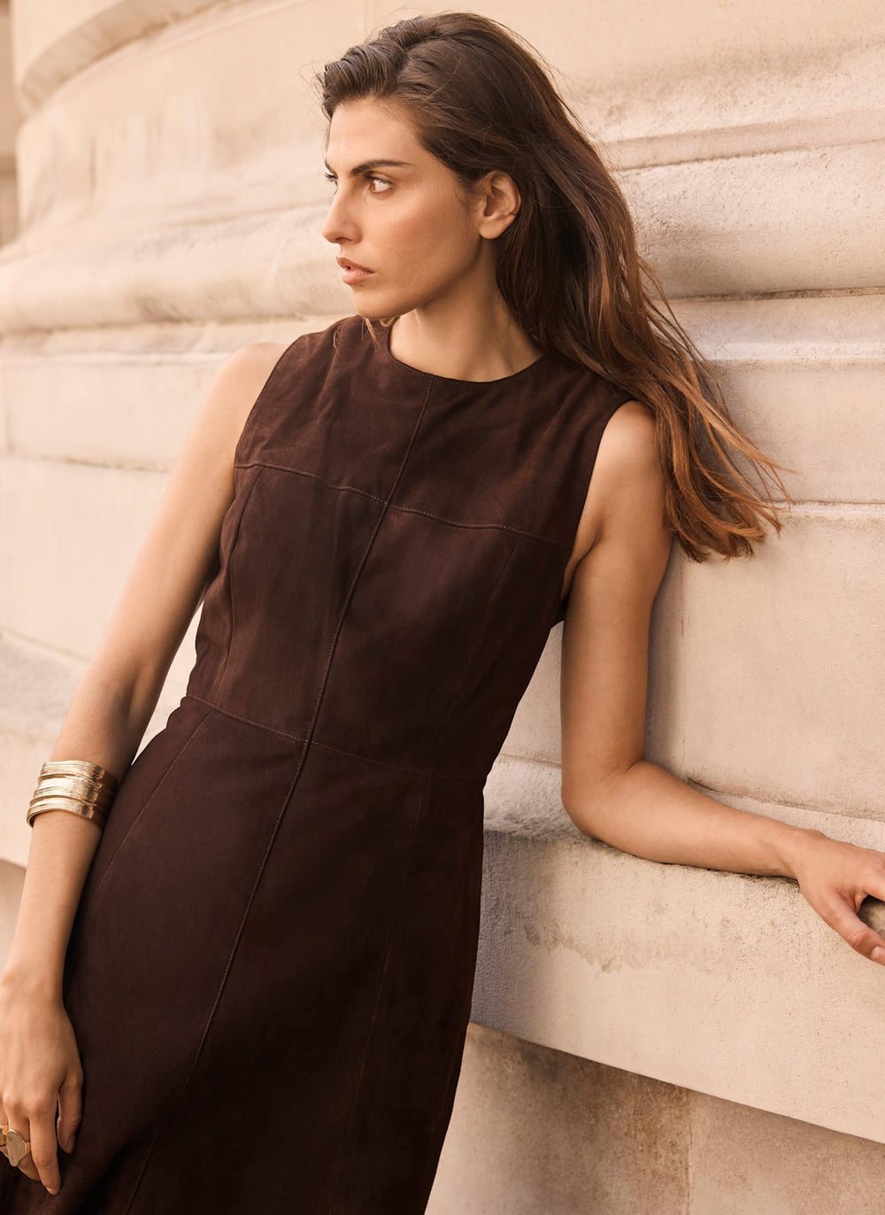 Brown Suede Sleeveless Midi Dress