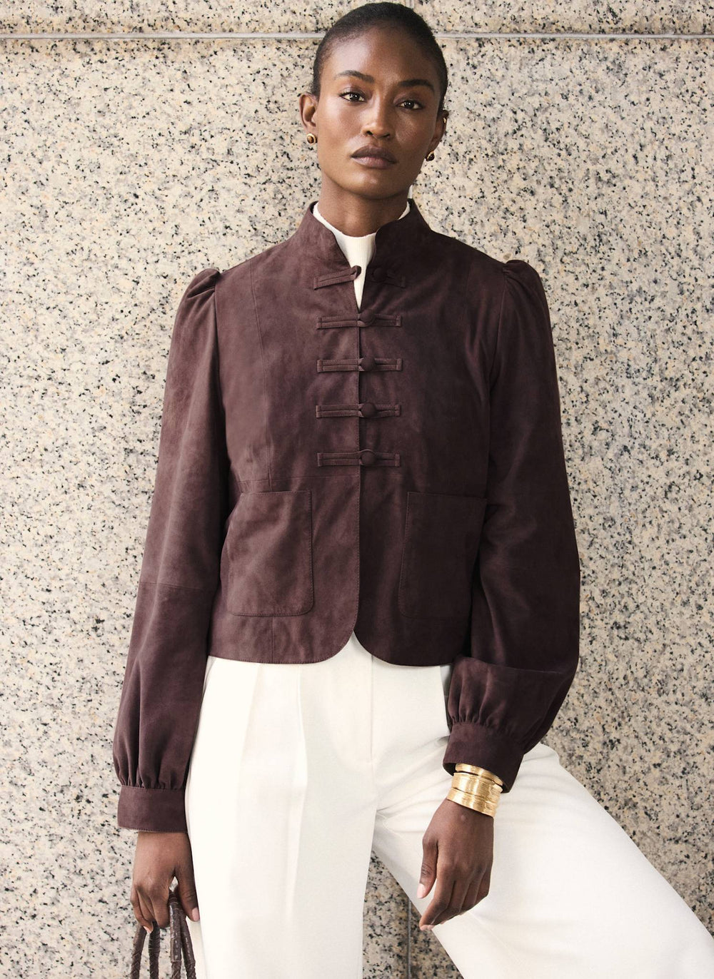Brown Suede Stand Collar Jacket