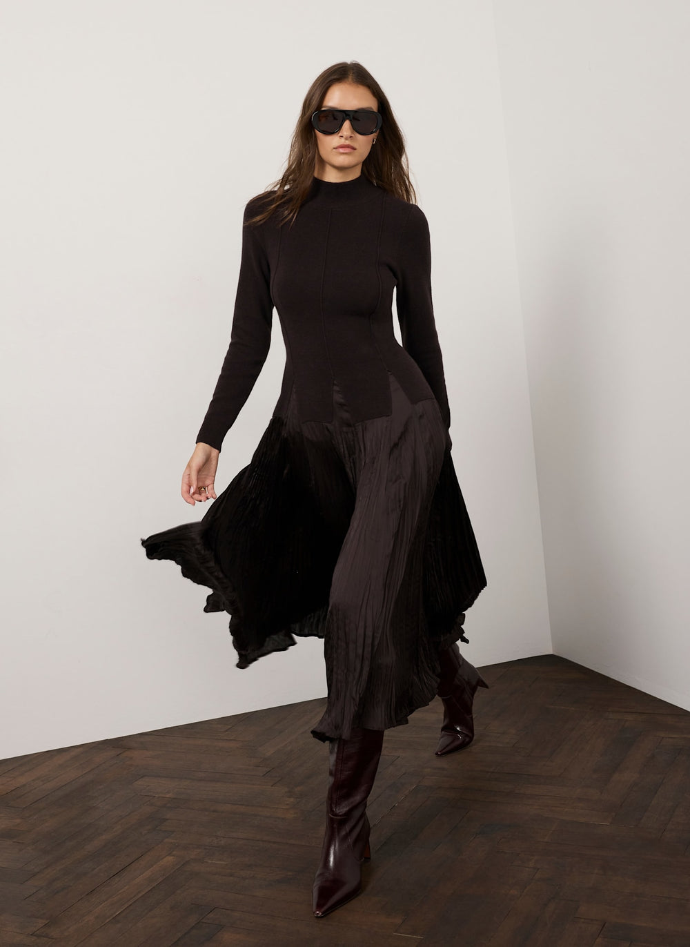 Brown Layered Drop Waist Knit Crinkle Midi Dress