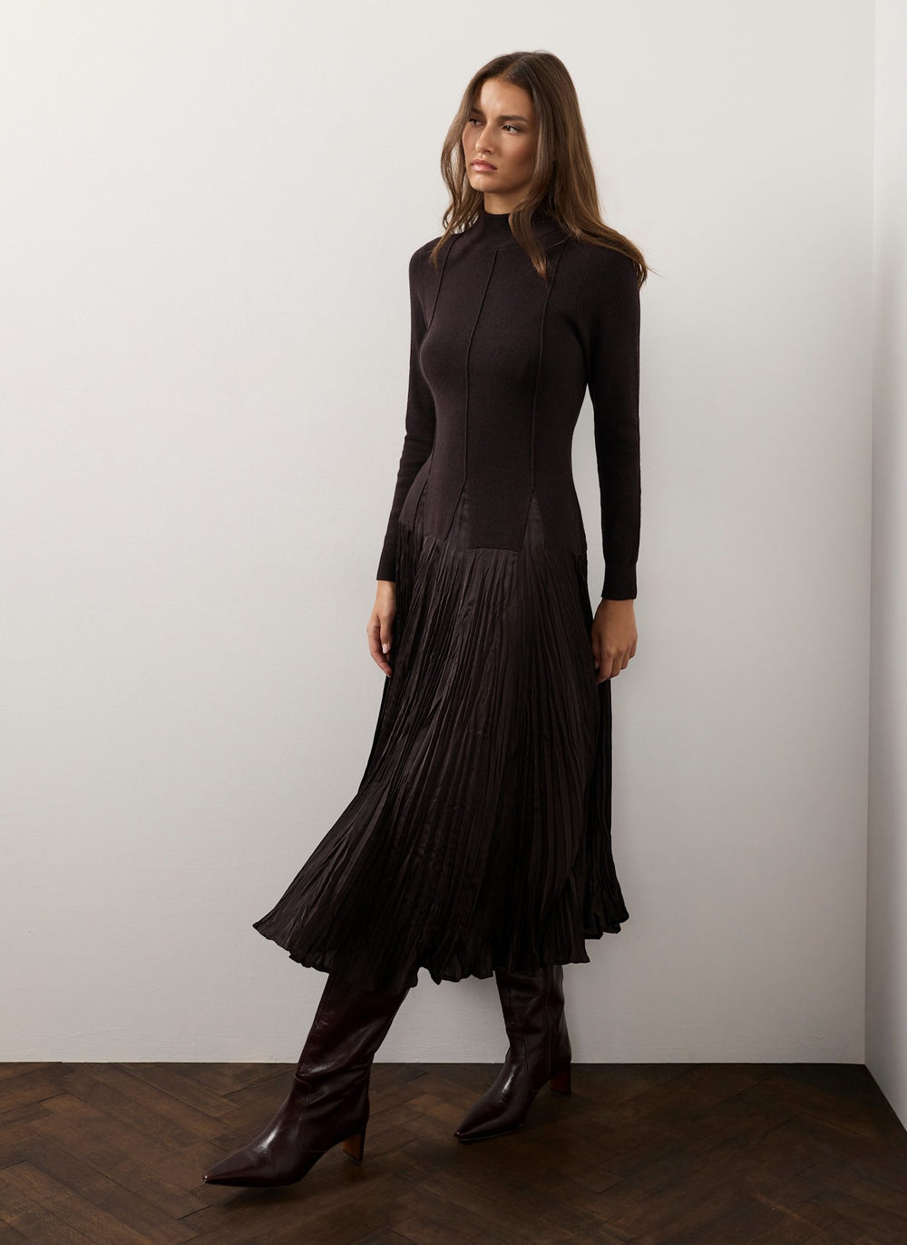 Brown Layered Drop Waist Knit Crinkle Midi Dress