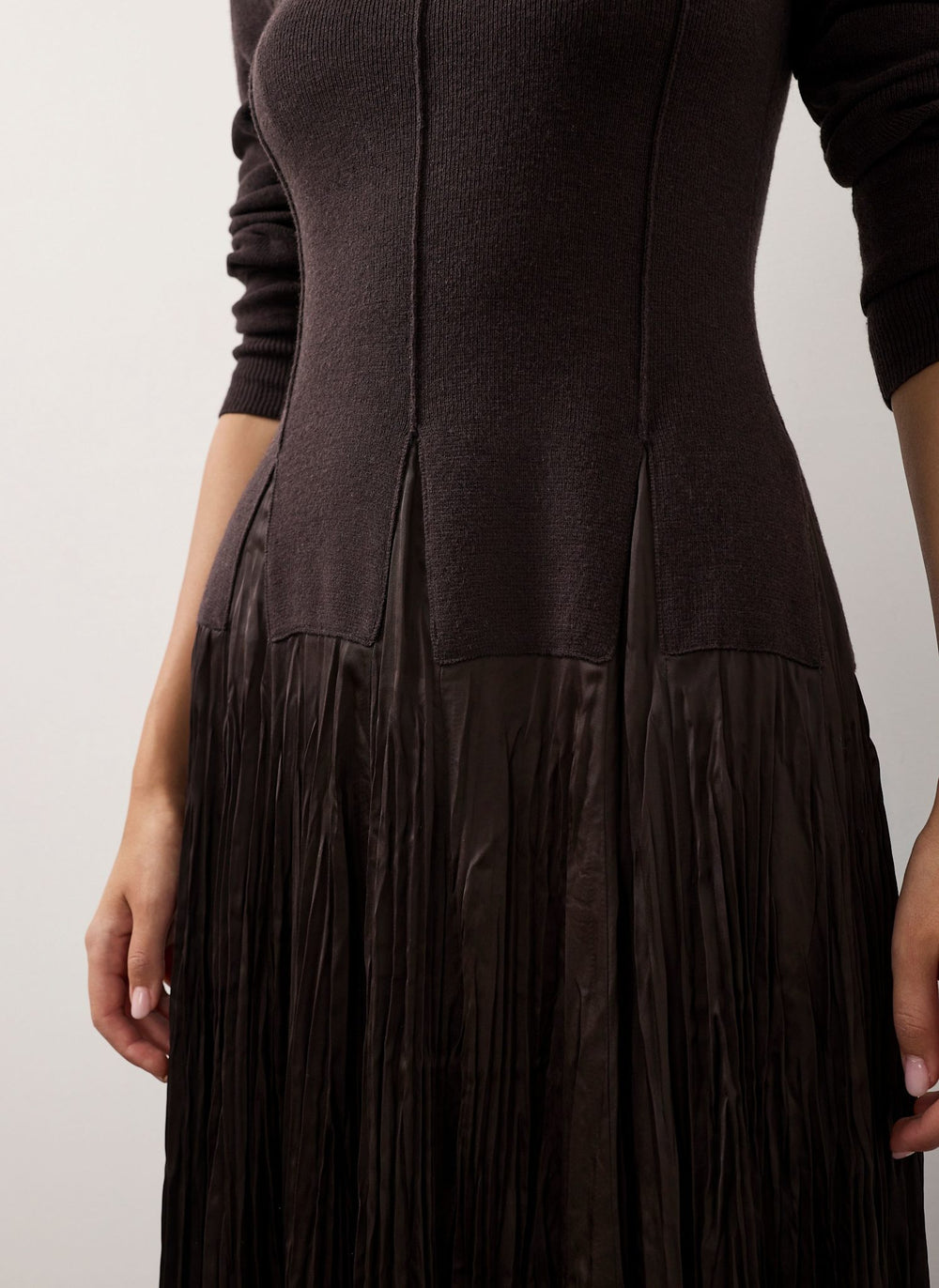 Brown Layered Drop Waist Knit Crinkle Midi Dress