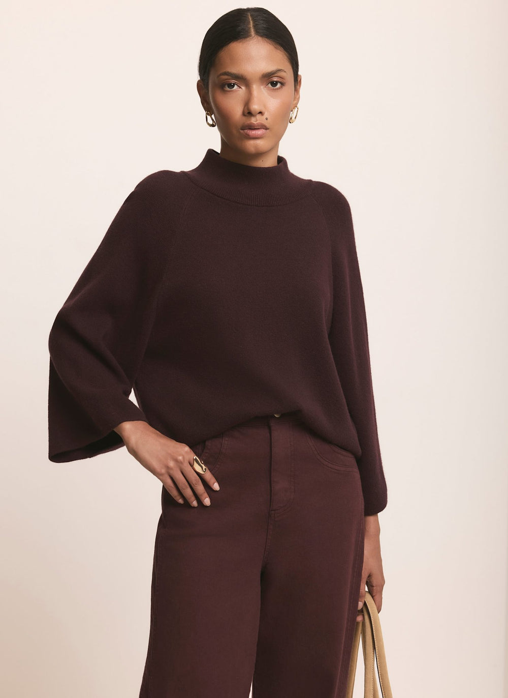 Burgundy Cotton Blend Wide Sleeve Knit Top