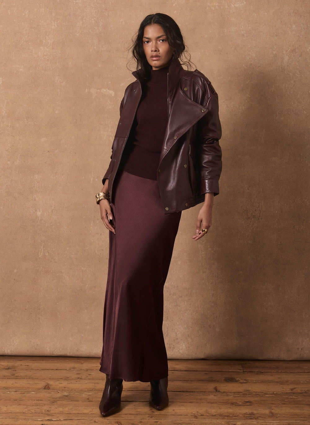 Burgundy Bias Satin Slip Maxi Skirt