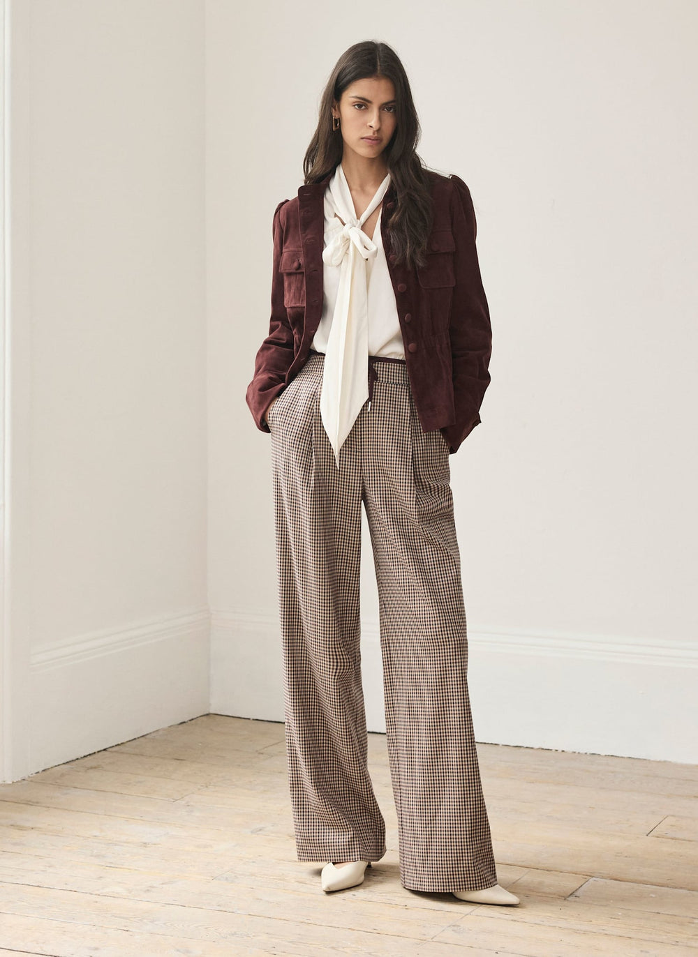 Burgundy Checked Contrast Waist Wide Leg Trousers