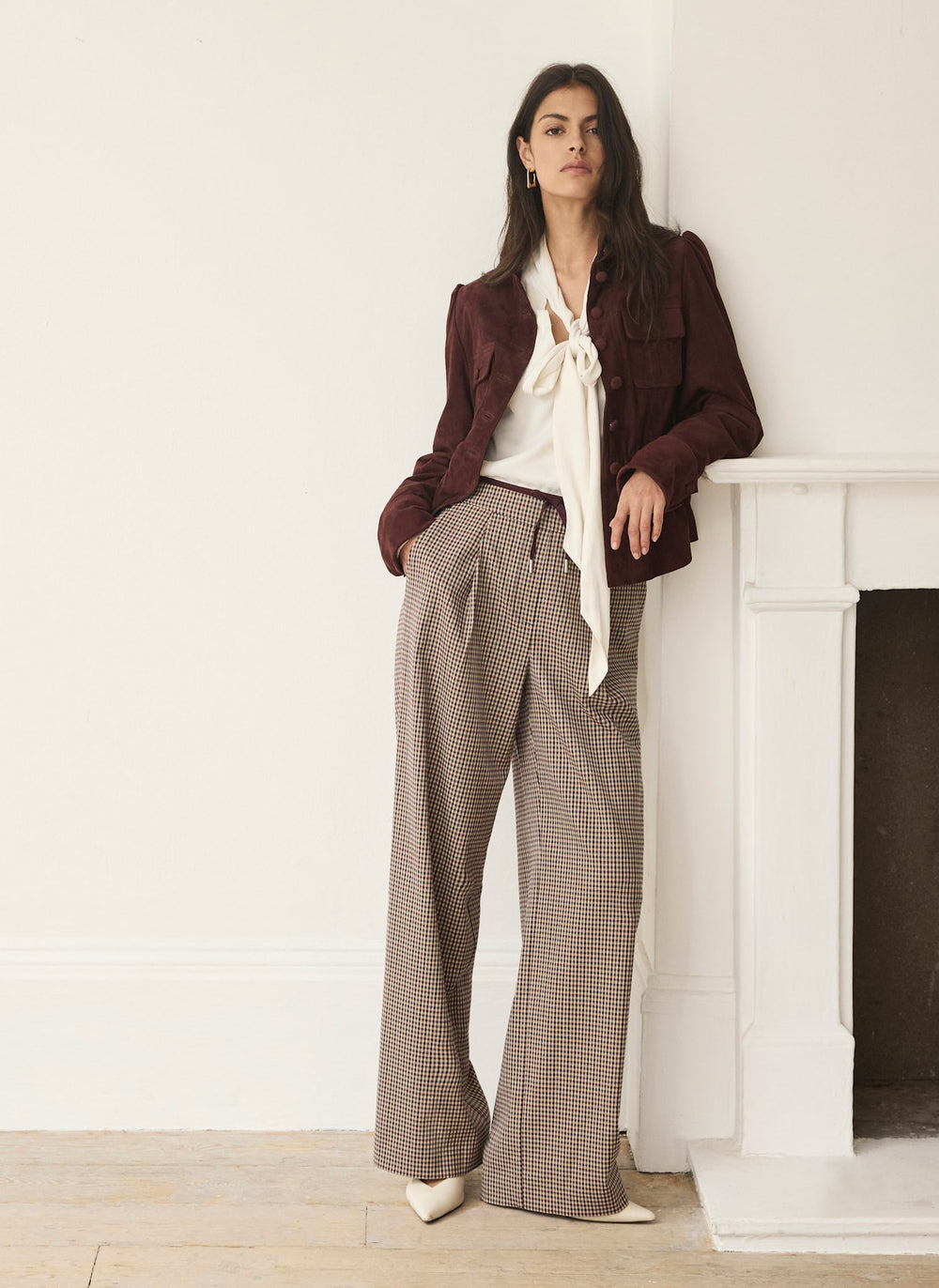 Burgundy Checked Contrast Waist Wide Leg Trousers