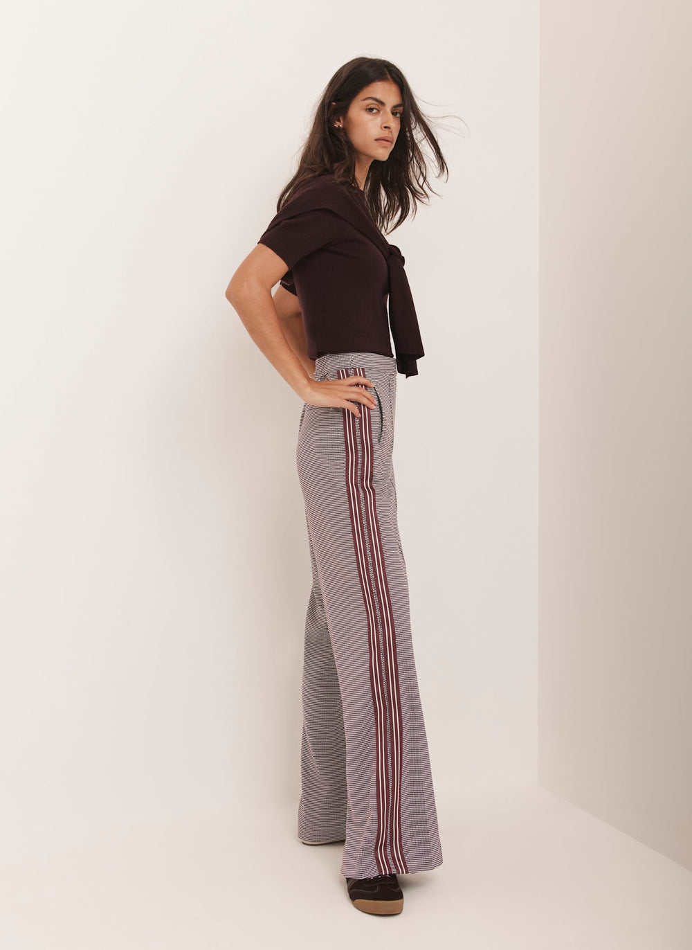 Burgundy Checked Side Stripe Wide Trousers
