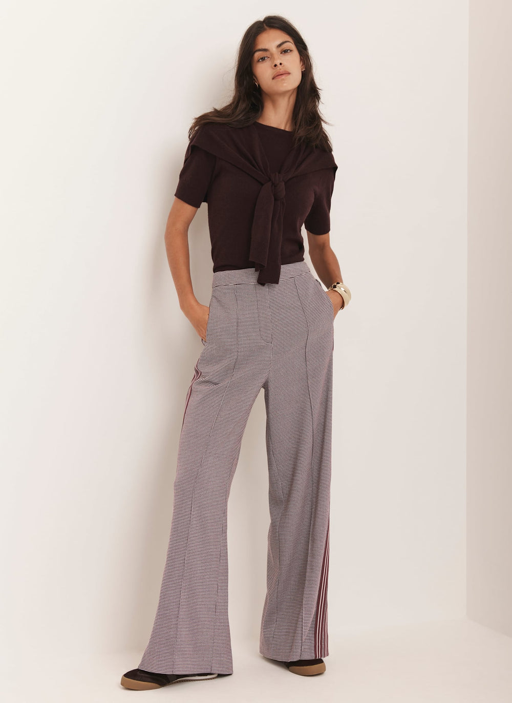 Burgundy Checked Side Stripe Wide Trousers