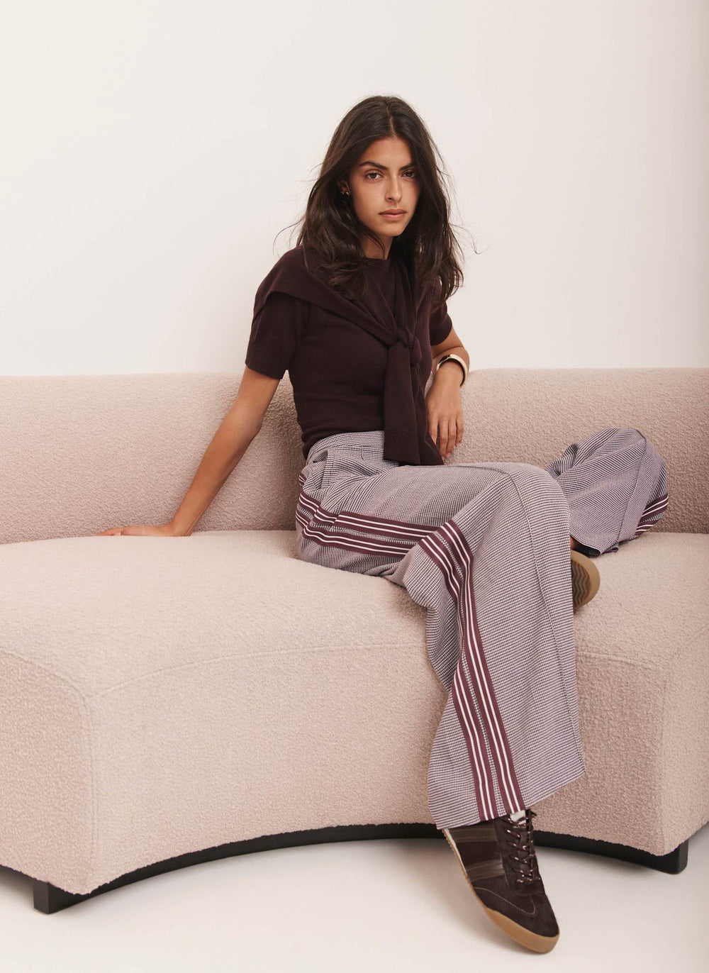 Burgundy Checked Side Stripe Wide Trousers
