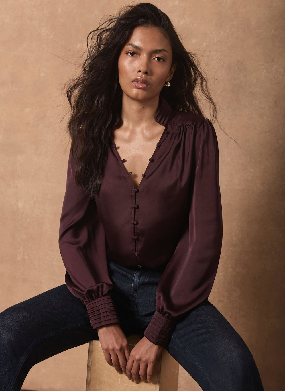 Burgundy Satin Long Sleeve Blouse
