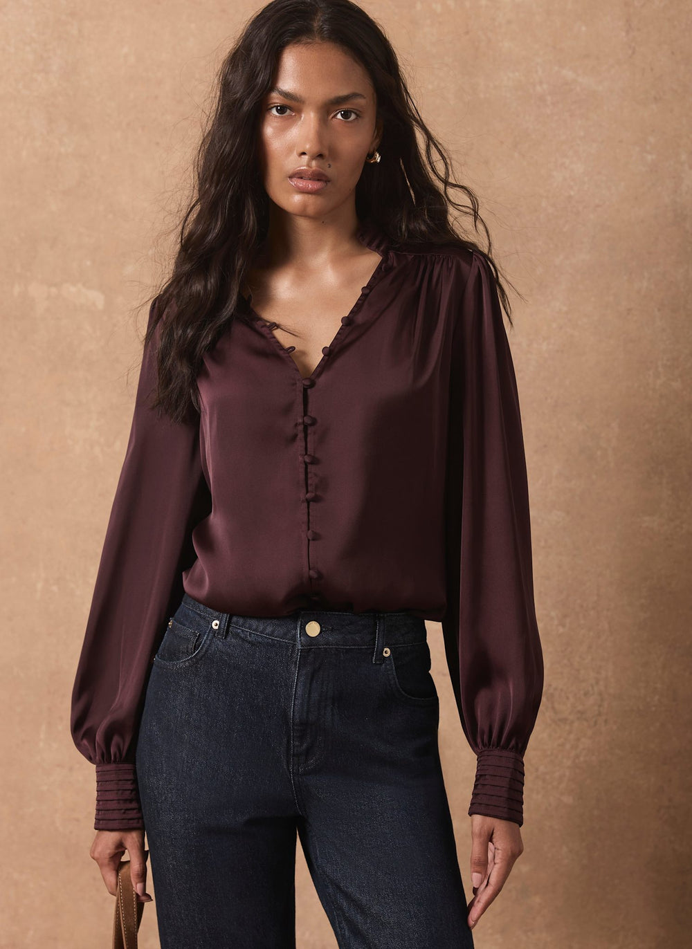 Burgundy Satin Long Sleeve Blouse