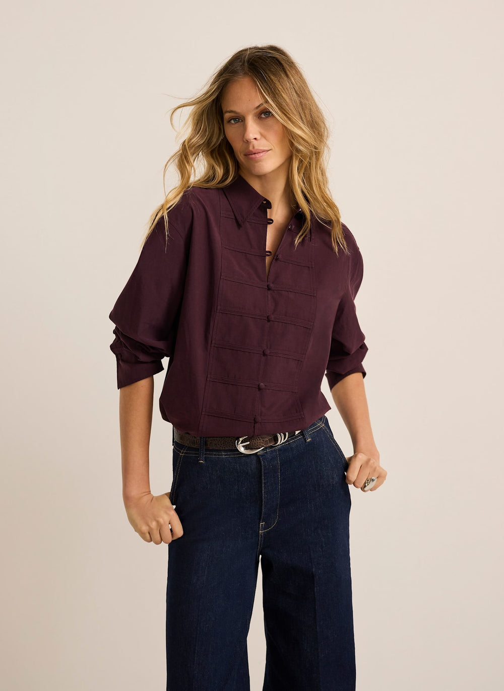Burgundy Cotton Blend Knot Button Shirt