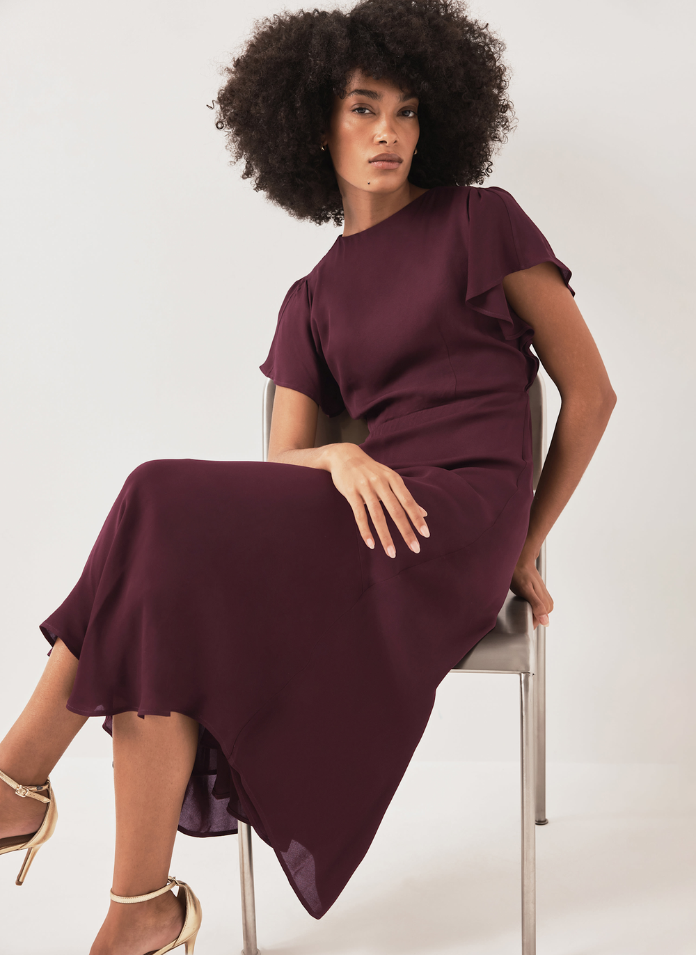 Burgundy Draped Asymmetric Midi Dress