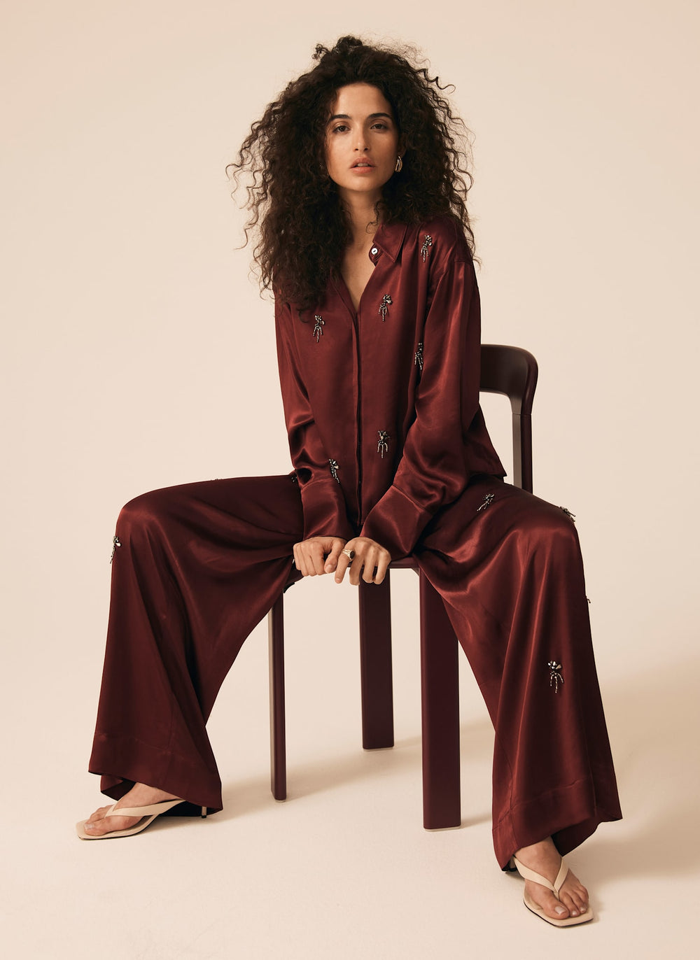 Burgundy Satin Embellished Wide Trousers