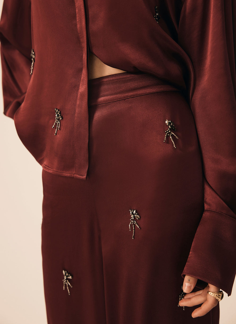 Burgundy Satin Embellished Wide Trousers