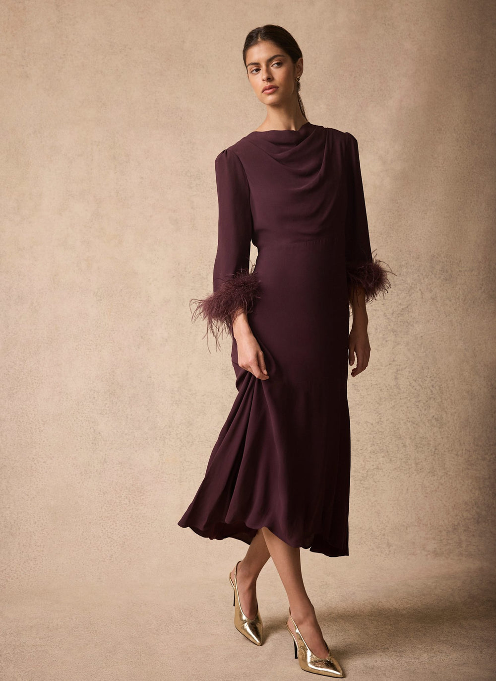 Burgundy Feather Trim Midi Dress