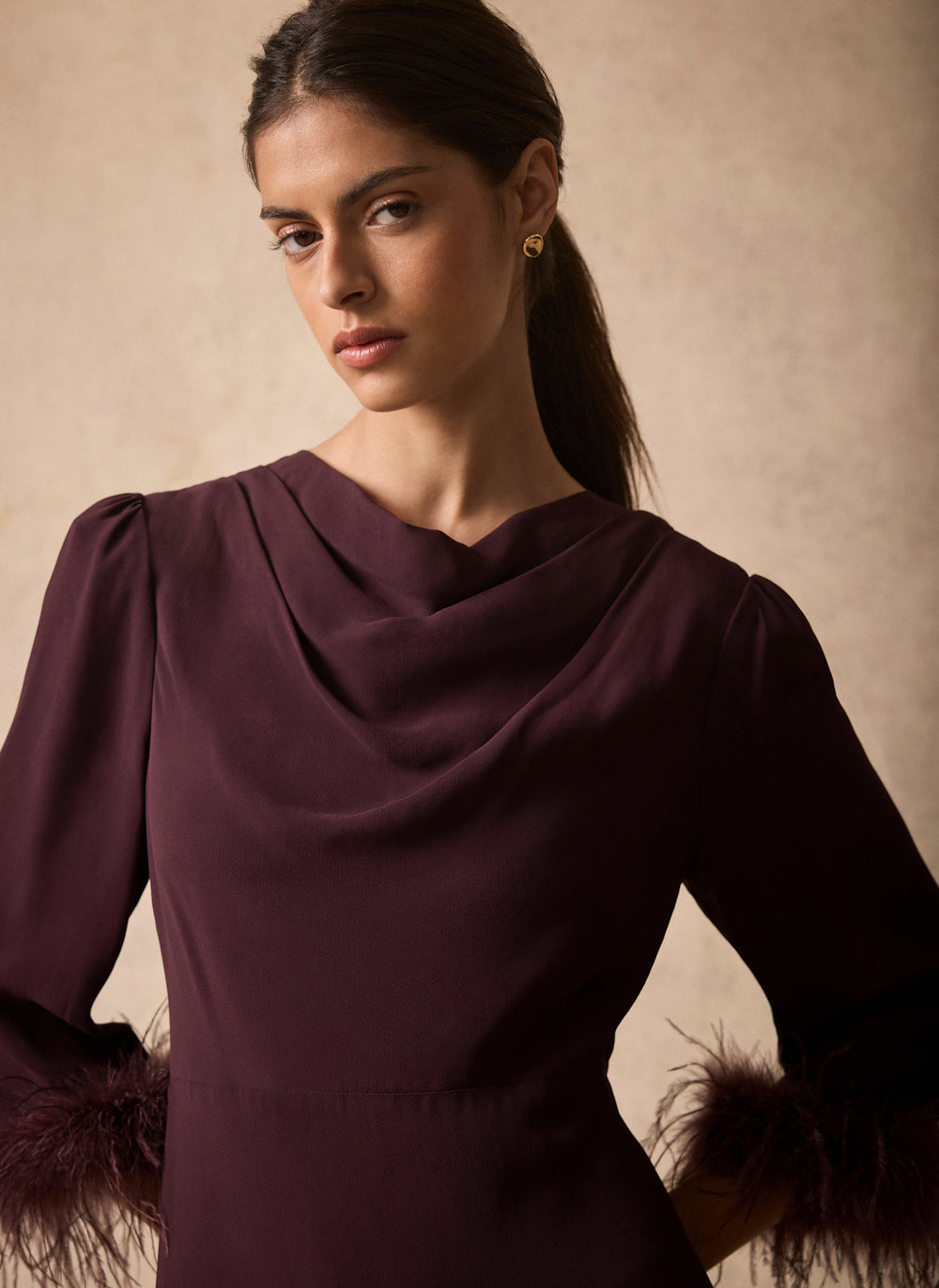 Burgundy Feather Trim Midi Dress