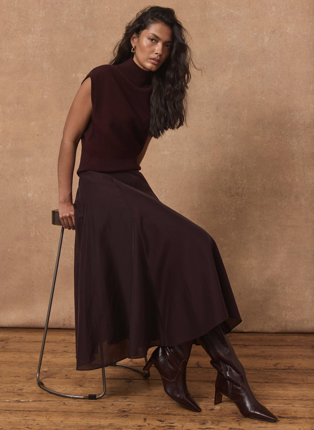 Burgundy Full Midi Skirt