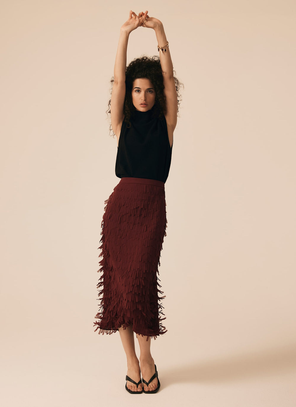 Burgundy Fringed Midi Skirt