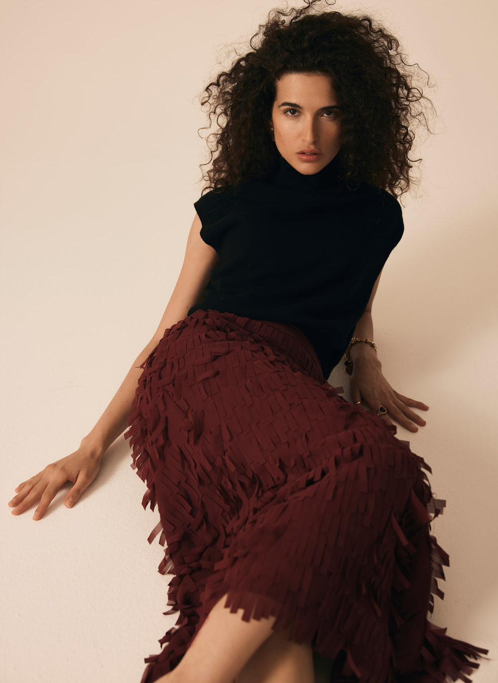Burgundy Fringed Midi Skirt