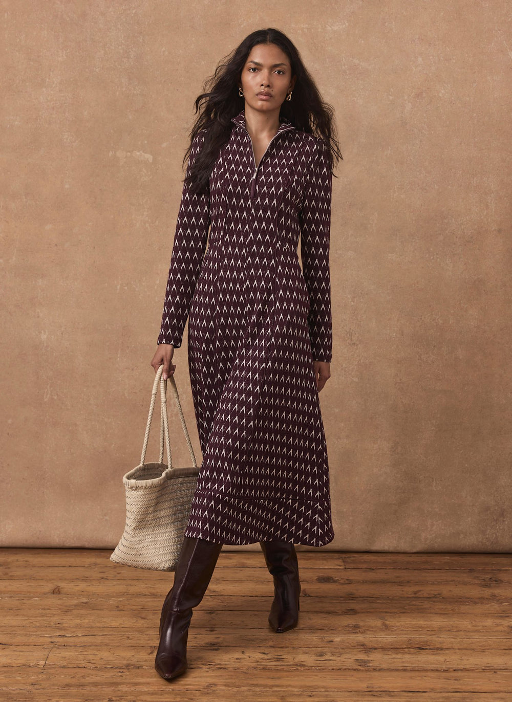 Burgundy Jacquard Midi Dress