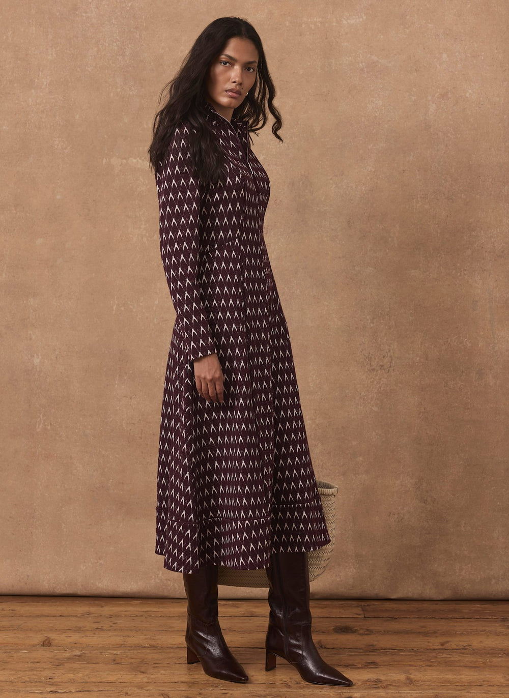 Burgundy Jacquard Midi Dress