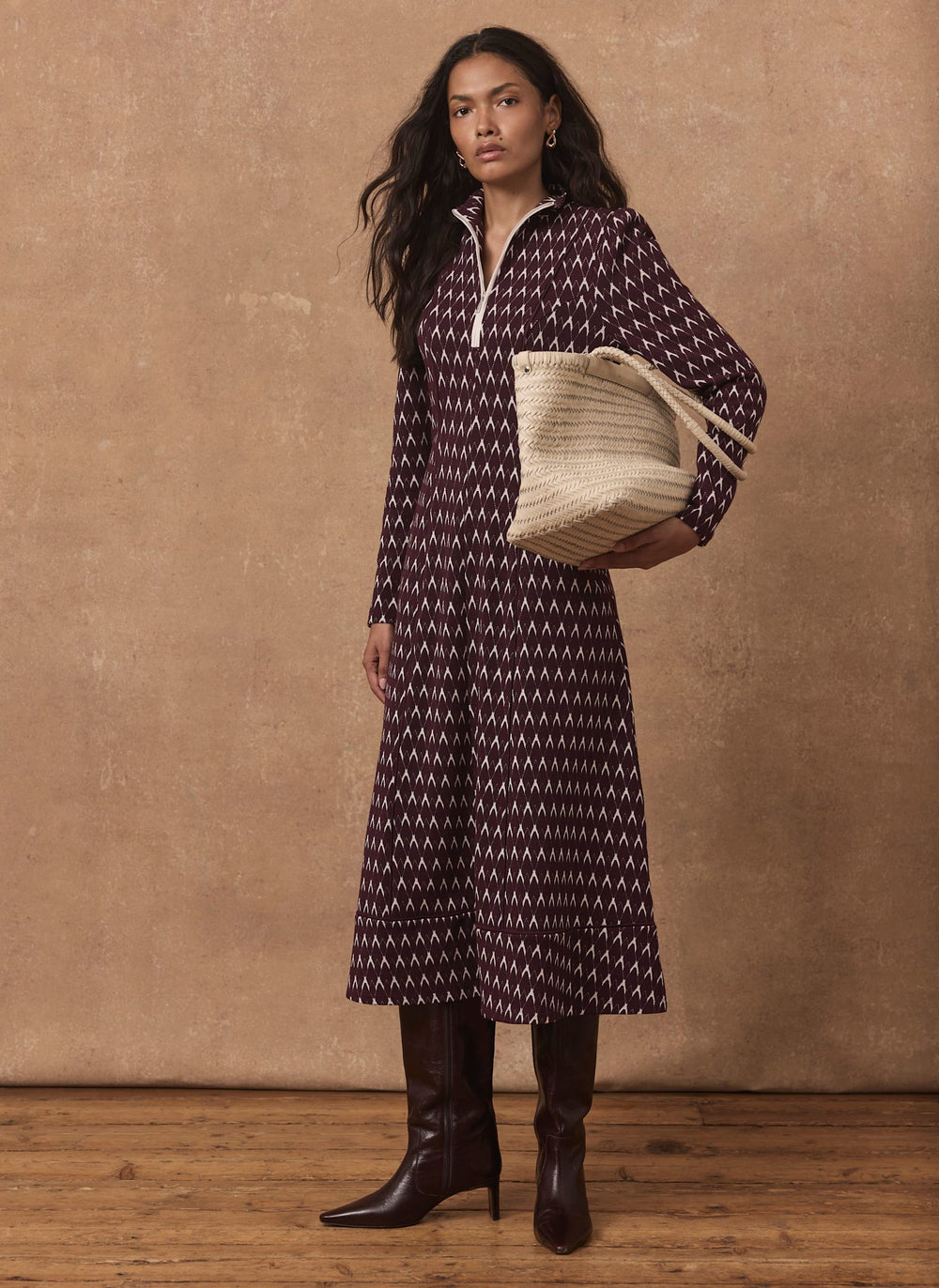 Burgundy Jacquard Midi Dress