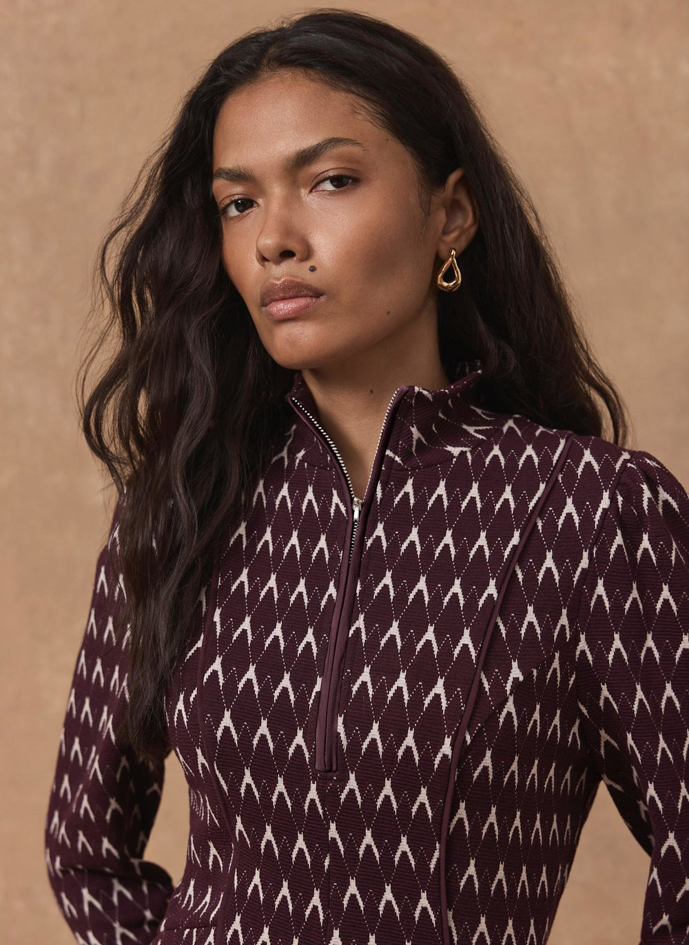 Burgundy Jacquard Midi Dress