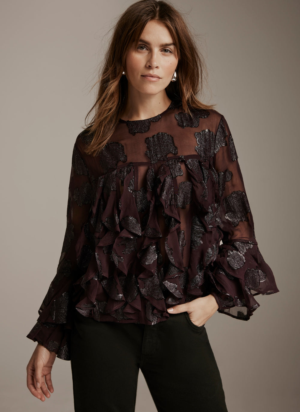 Burgundy Jacquard Ruffle Top