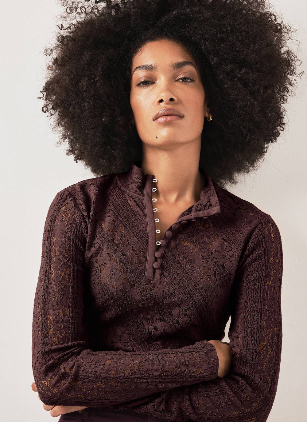 Burgundy Lace Button Detail Top