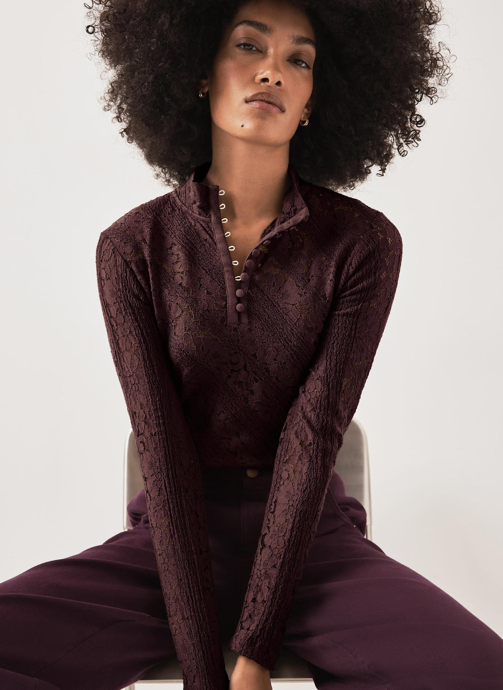Burgundy Lace Button Detail Top