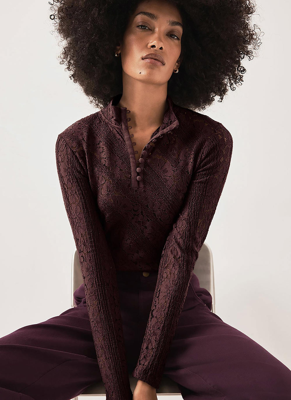 Burgundy Lace Button Detail Top
