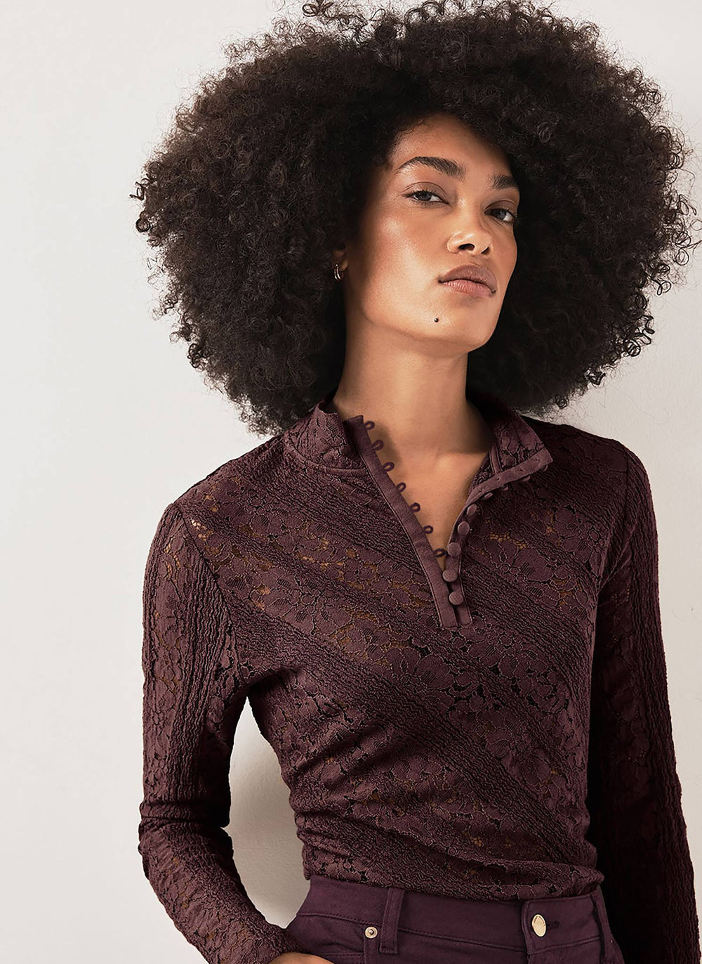 Burgundy Lace Button Detail Top