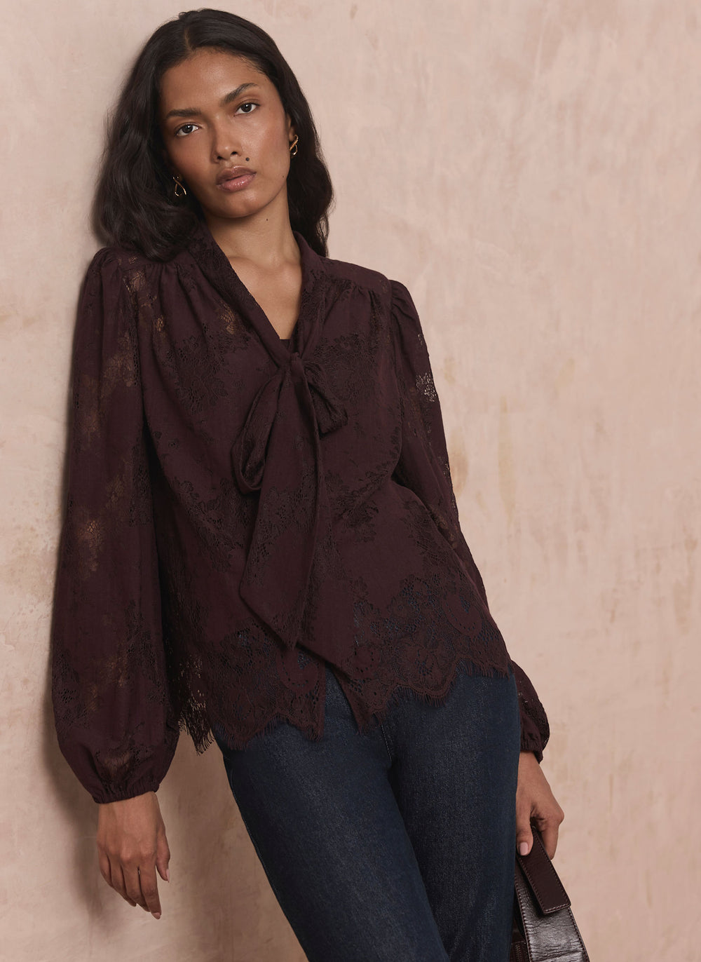 Burgundy Lace Pussybow Blouse