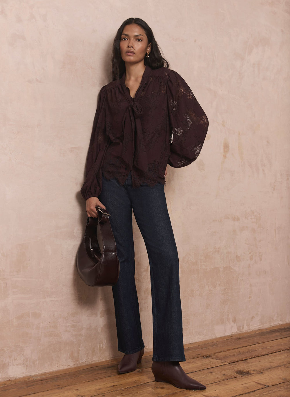 Burgundy Lace Pussybow Blouse