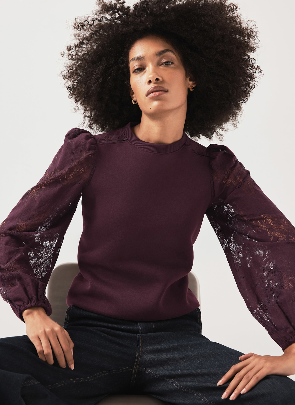 Burgundy Cotton Blend Lace Sleeve Sweatshirt