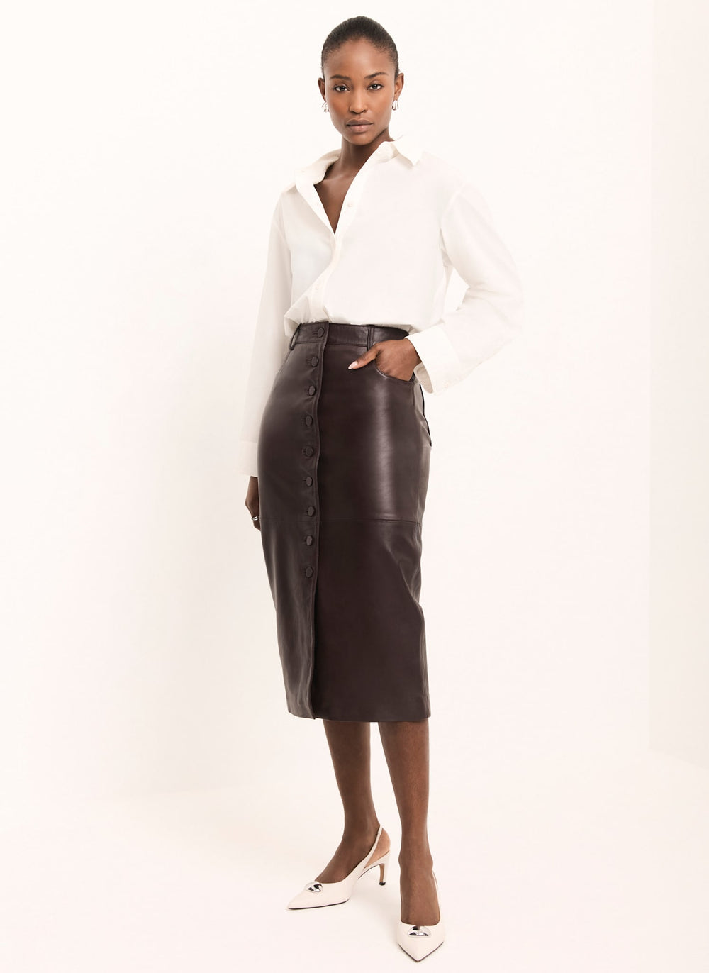 Burgundy Leather Midi Skirt