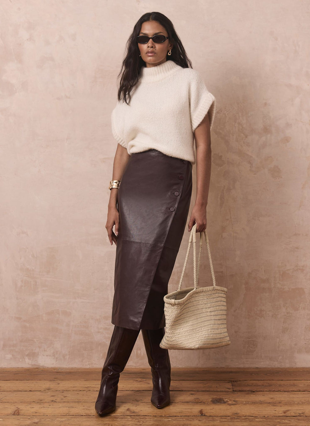 Burgundy Leather Wrap Midi Skirt