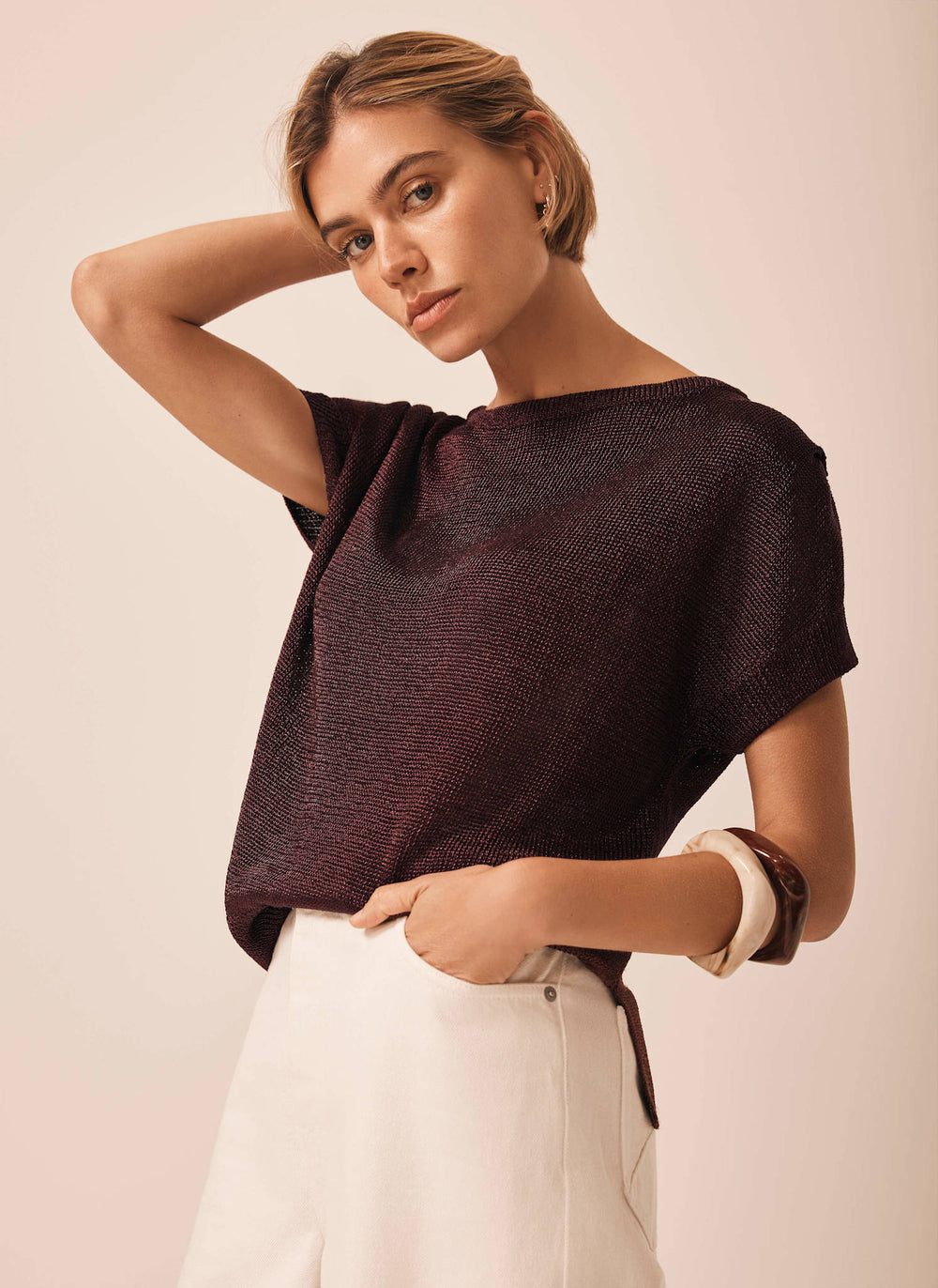 Burgundy Metallic Knit Batwing Top